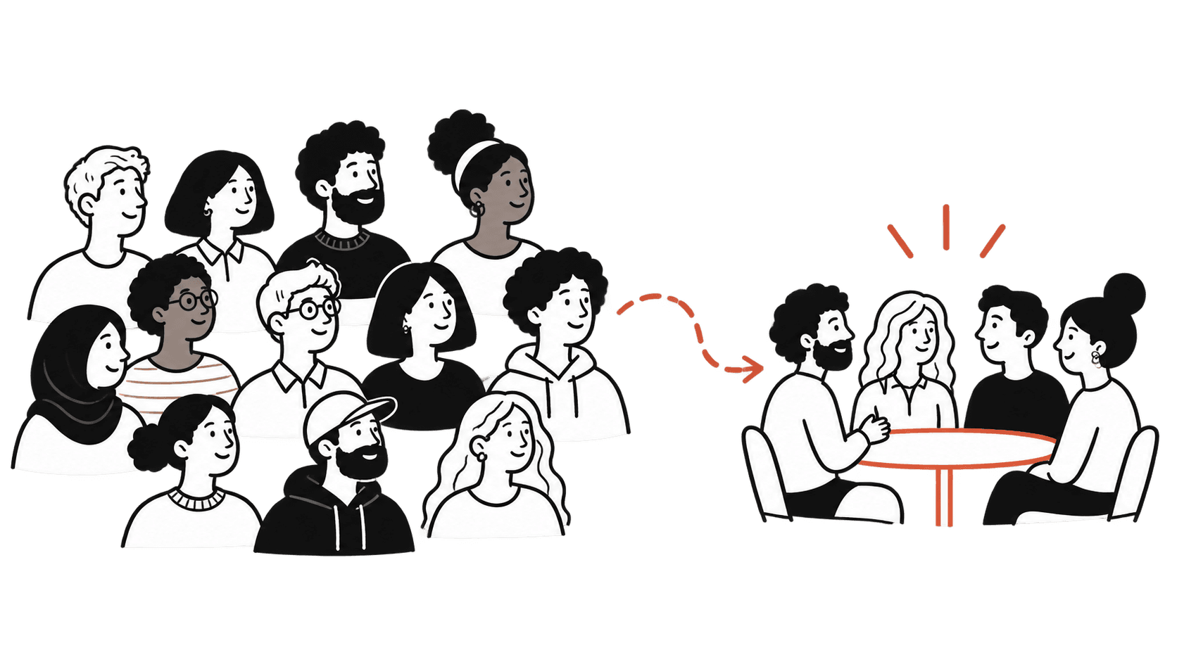 From a big room to the right table — a crowd of people becomes thoughtfully seated small groups at round tables